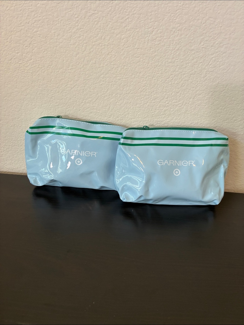 Garnier/Target Promo Powder Blue Vinyl Cosmetic Pouches  Green Trim - Set of 2